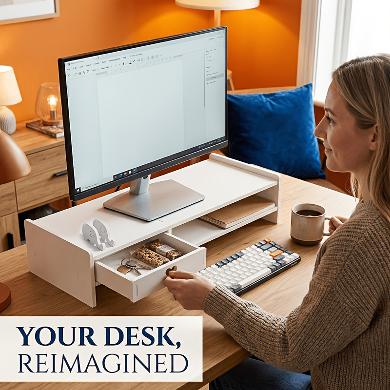 Desk Drawer Small - Minimalistische witte PVC-monitorstandaard met opberglade, ergonomische
