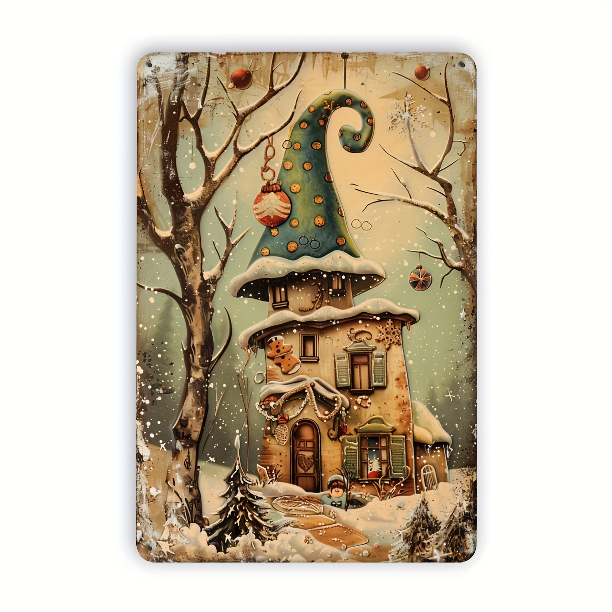 Home Office And Library - 1 vintage kersthuisje metalen blikken bord,